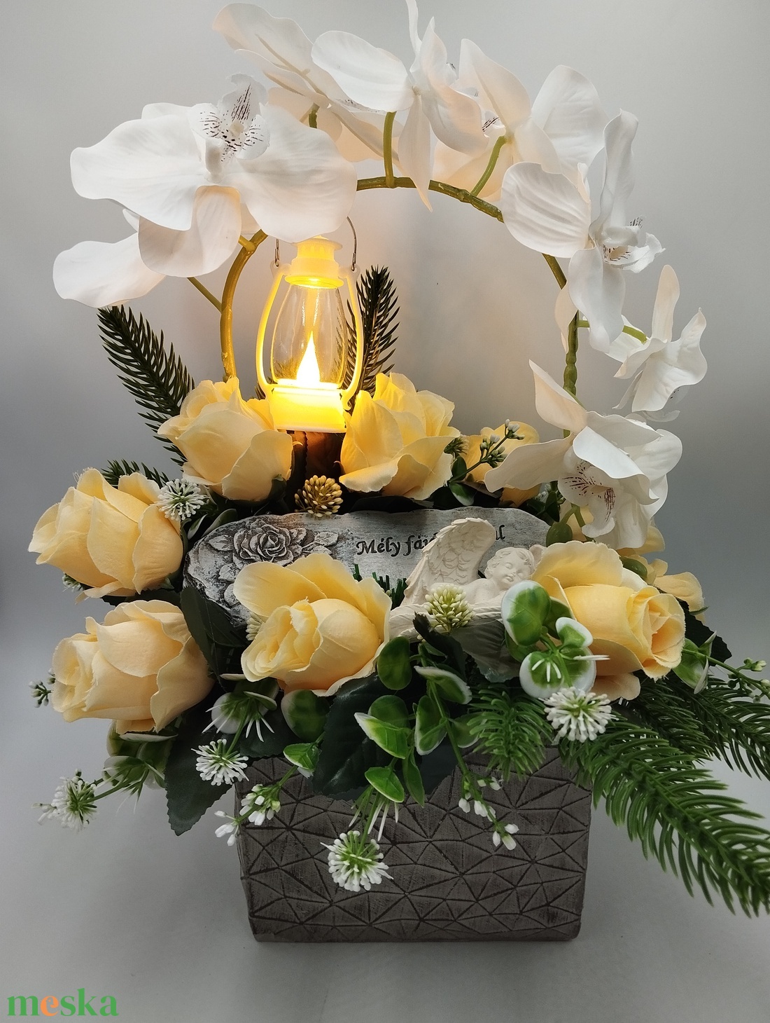 Orchideás sírdísz, led lámpással - otthon & életmód - vallás - temetkezési tárgy - sírcsokor, virág dekoráció - Meska.hu
