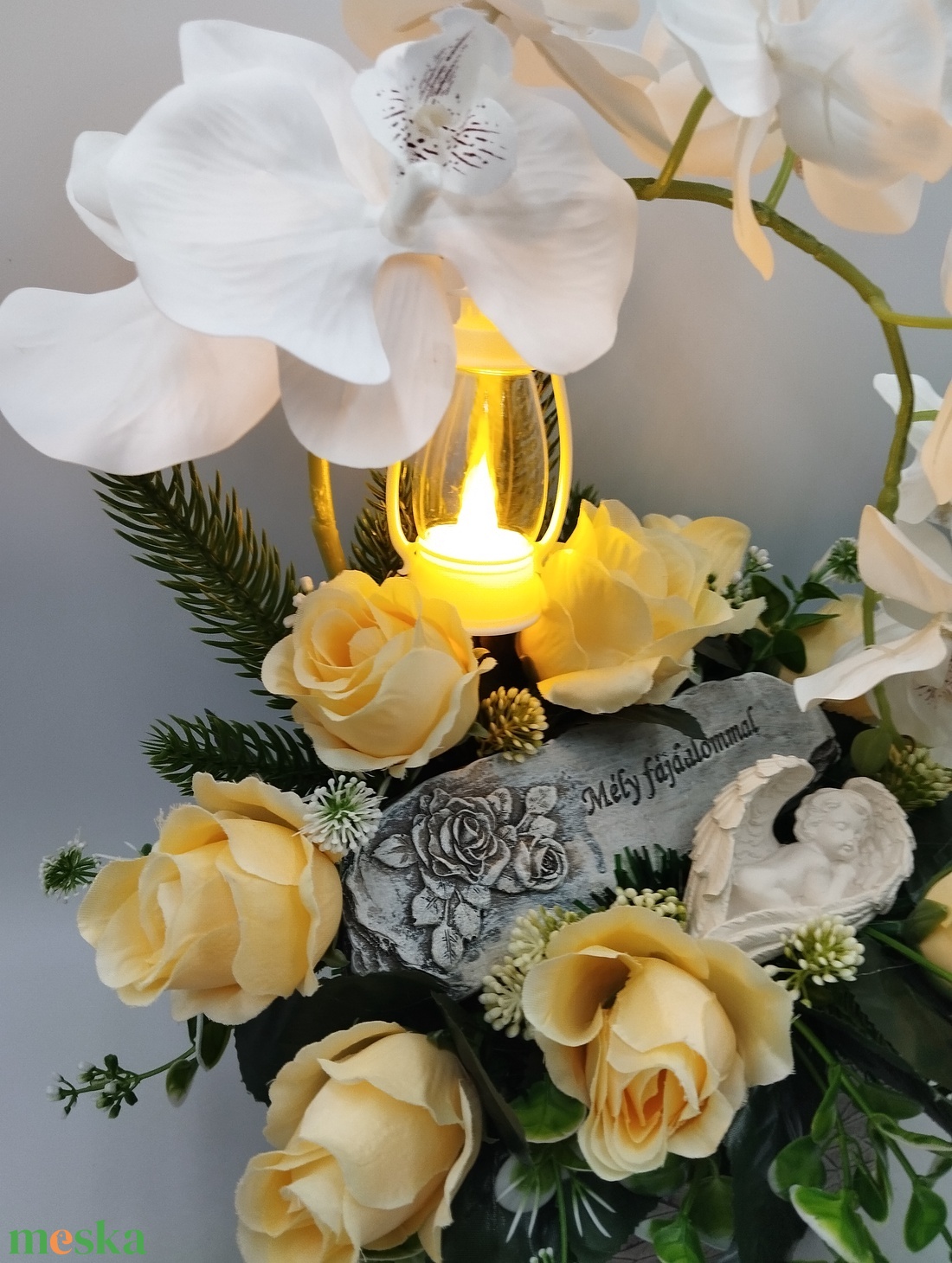 Orchideás sírdísz, led lámpással - otthon & életmód - vallás - temetkezési tárgy - sírcsokor, virág dekoráció - Meska.hu