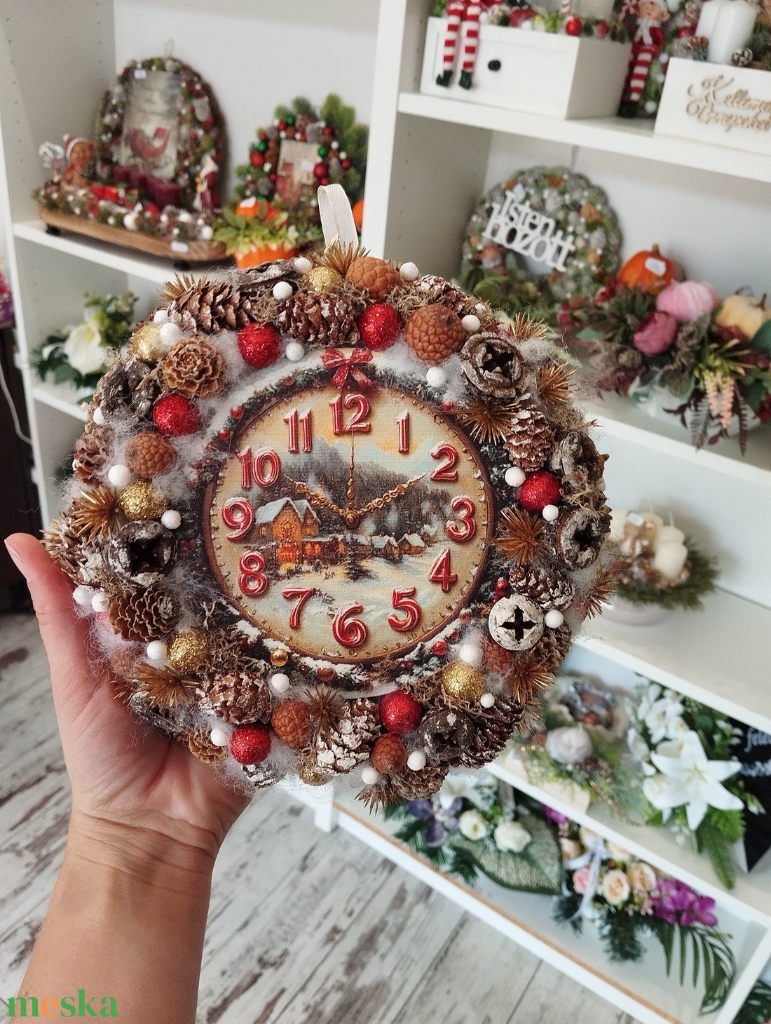 Karácsonyi ajtódísz, óra, 20 cm  - karácsony - karácsonyi lakásdekoráció - karácsonyi ajtódíszek - Meska.hu