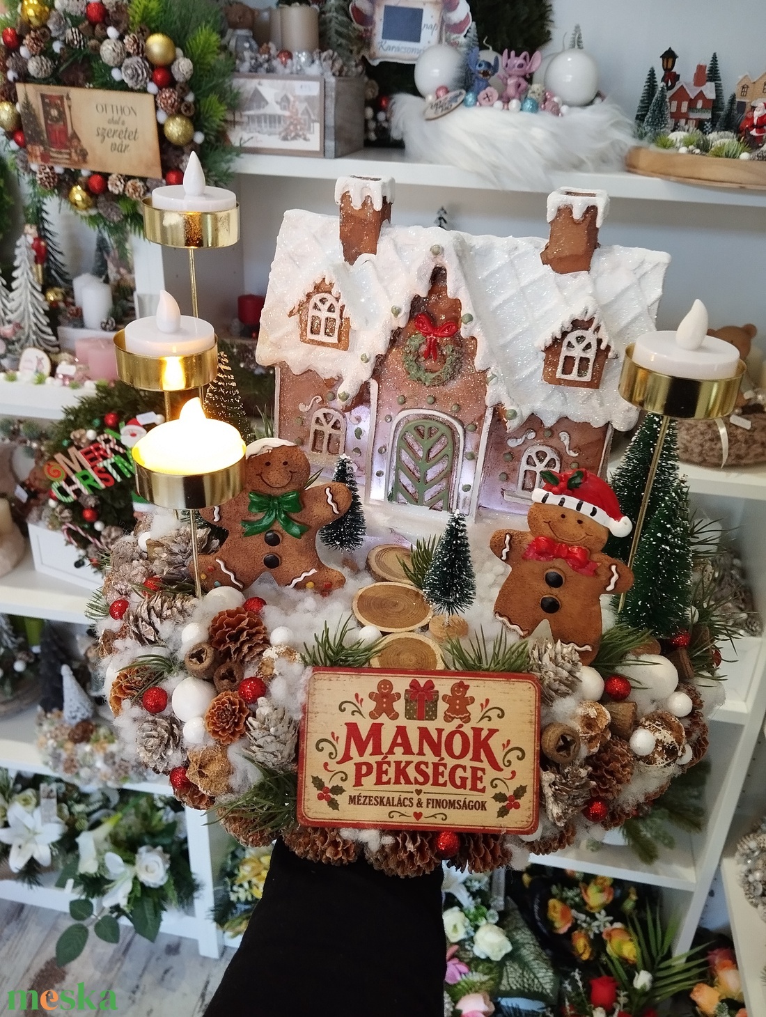 Óriás világító mézeskalácsház, Mézis adventi koszorú, led gyertyákkal - karácsony - adventi díszek - adventi gyertyadíszek és koszorúdíszek - Meska.hu