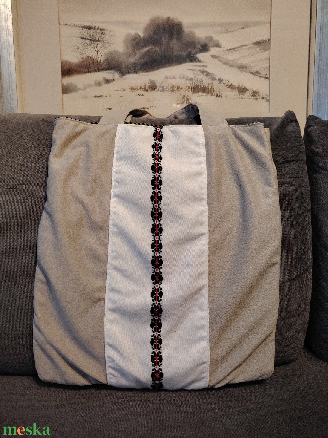 Bézs szatyor hímzett sávval - táska & tok - bevásárlás & shopper táska - shopper, textiltáska, szatyor - Meska.hu