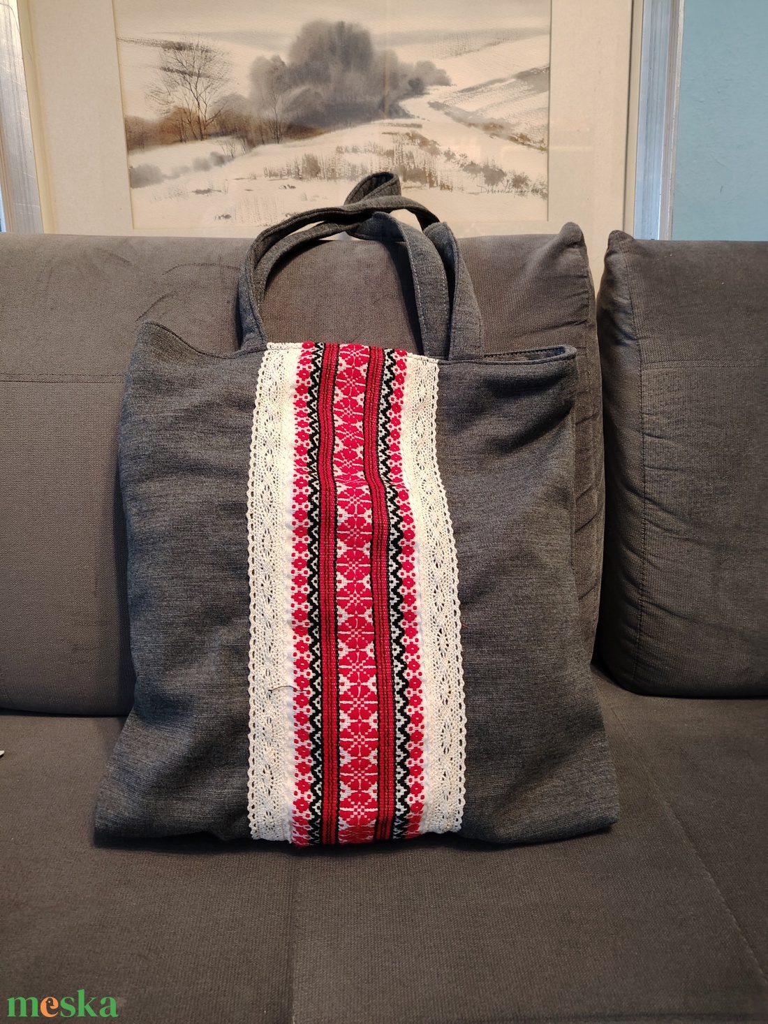 Szürke táska hímzett betéttel - táska & tok - bevásárlás & shopper táska - shopper, textiltáska, szatyor - Meska.hu