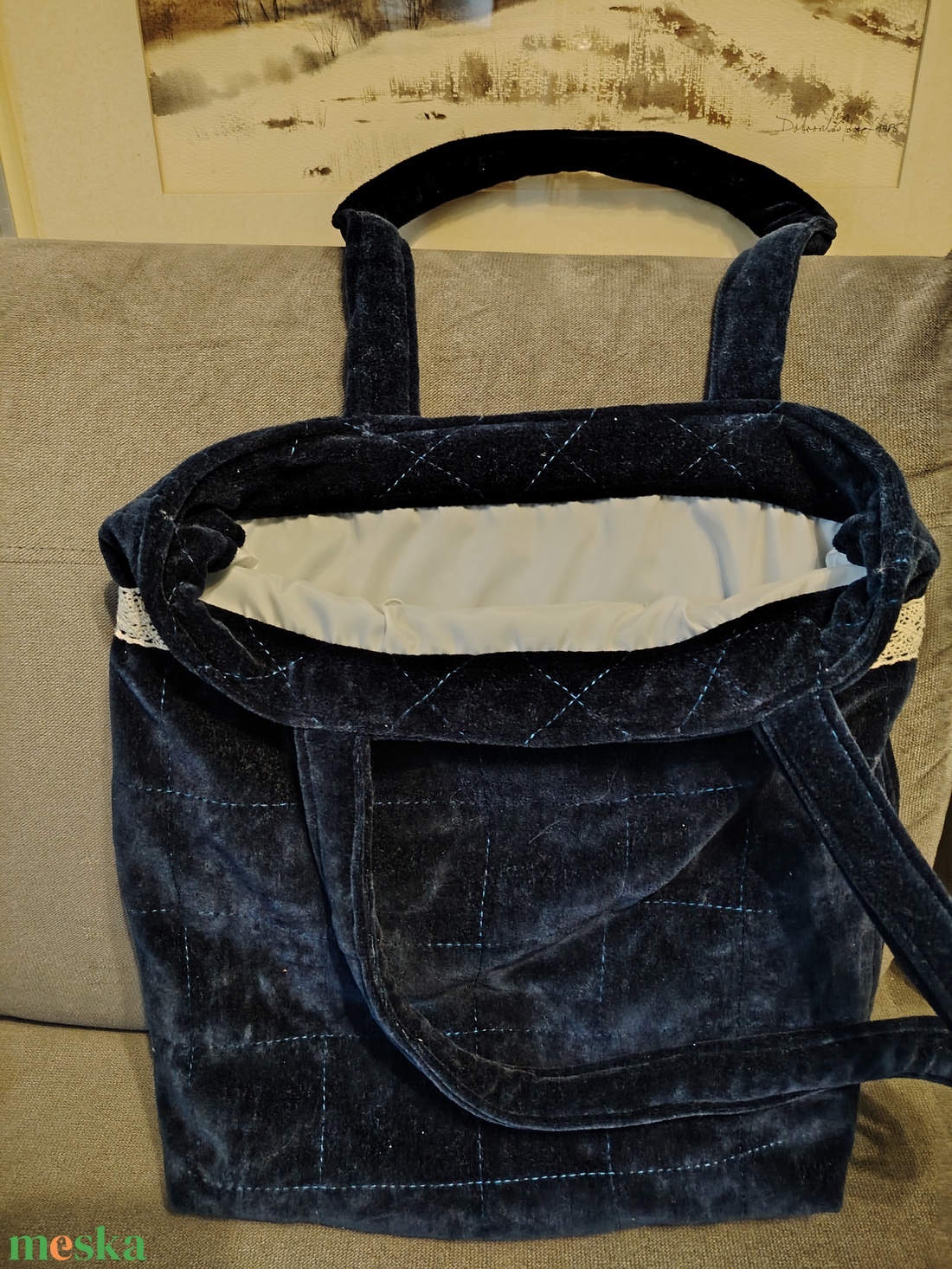 Kék táska fehér csipke sávval - táska & tok - bevásárlás & shopper táska - shopper, textiltáska, szatyor - Meska.hu