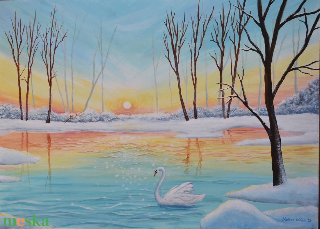 Hattyú a téli ragyogásban festmény - művészet - festmény - akril - Meska.hu
