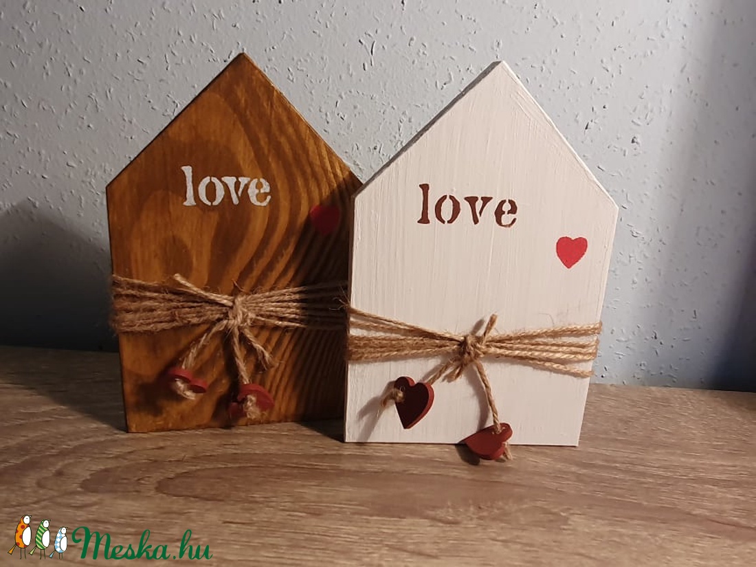 Valentin napi házikó alakú páros fa dísz - otthon & lakás - dekoráció - dísztárgy - Meska.hu