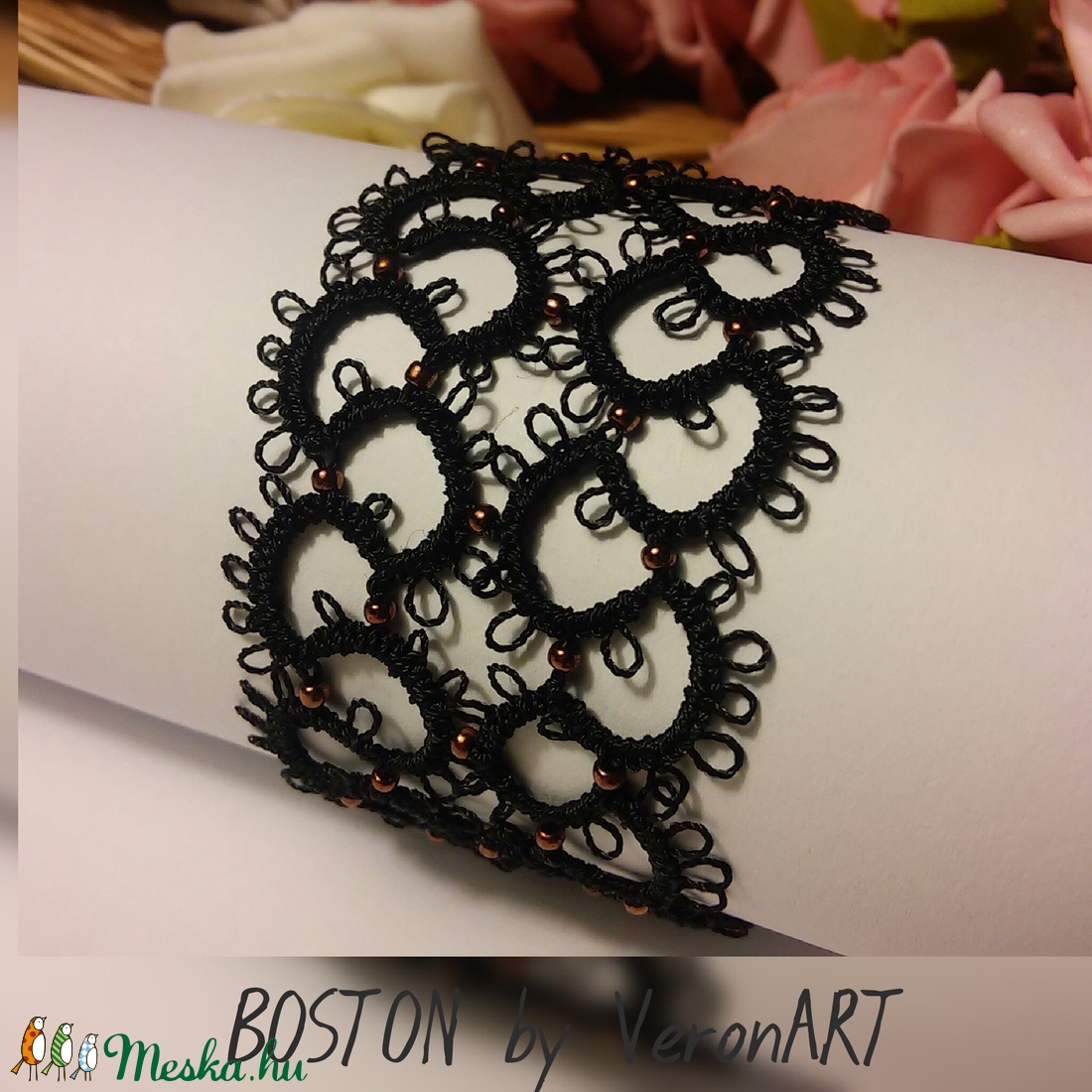 BOSTON fekete hajócsipke karkötő réz színű gyöngyökkel, horgolt - - Meska.hu BOSTON fekete hajócsipke karkötő réz színű gyöngyökkel, horgolt - - Meska.hu