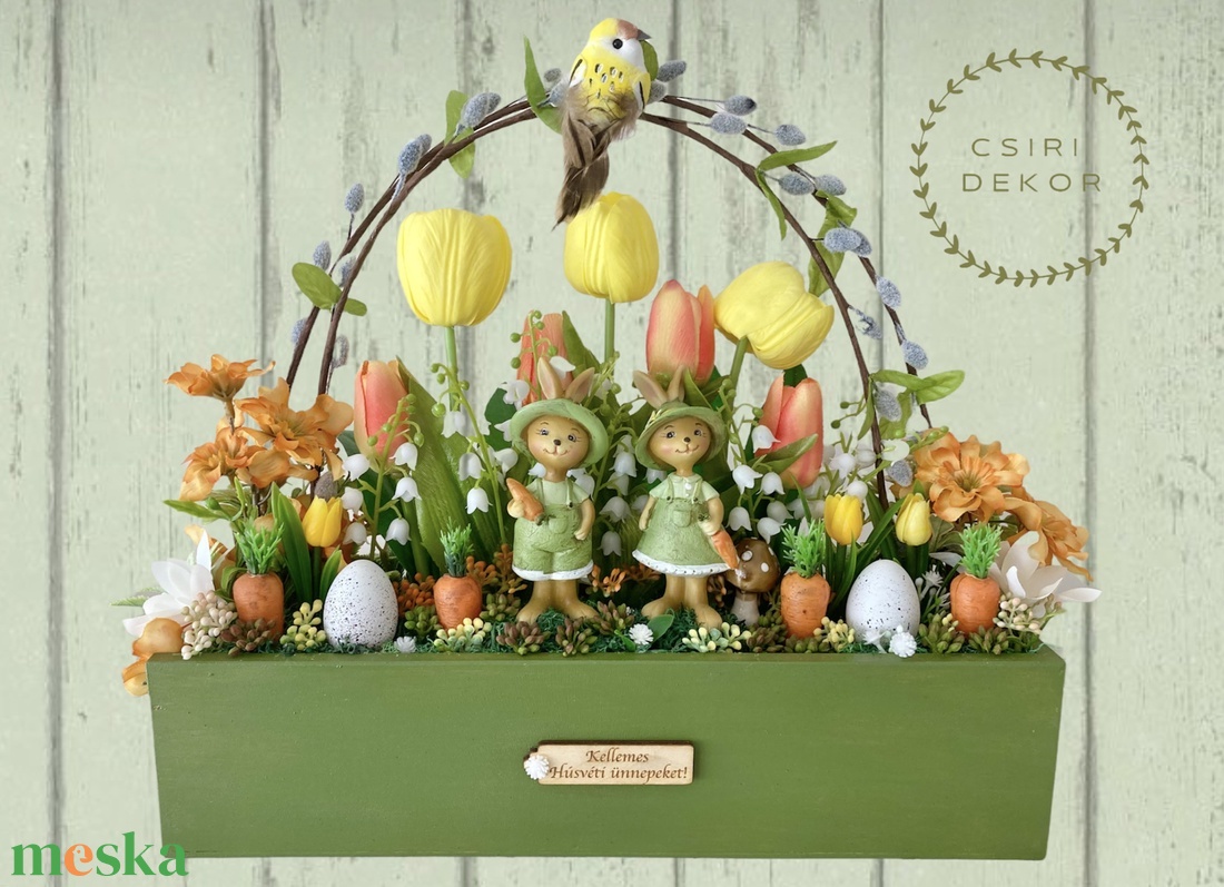 Nyuszipár a virágoskertben-asztaldísz - otthon & életmód - dekoráció - húsvéti asztaldíszek - Meska.hu
