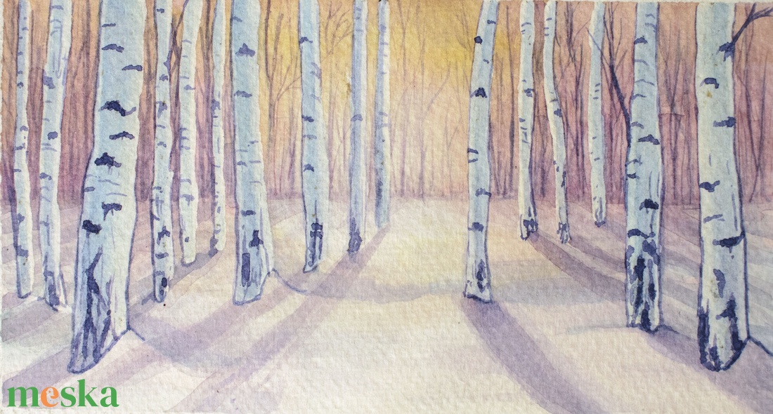 Nyírfák a naplementében - művészet - festmény - akvarell - Meska.hu