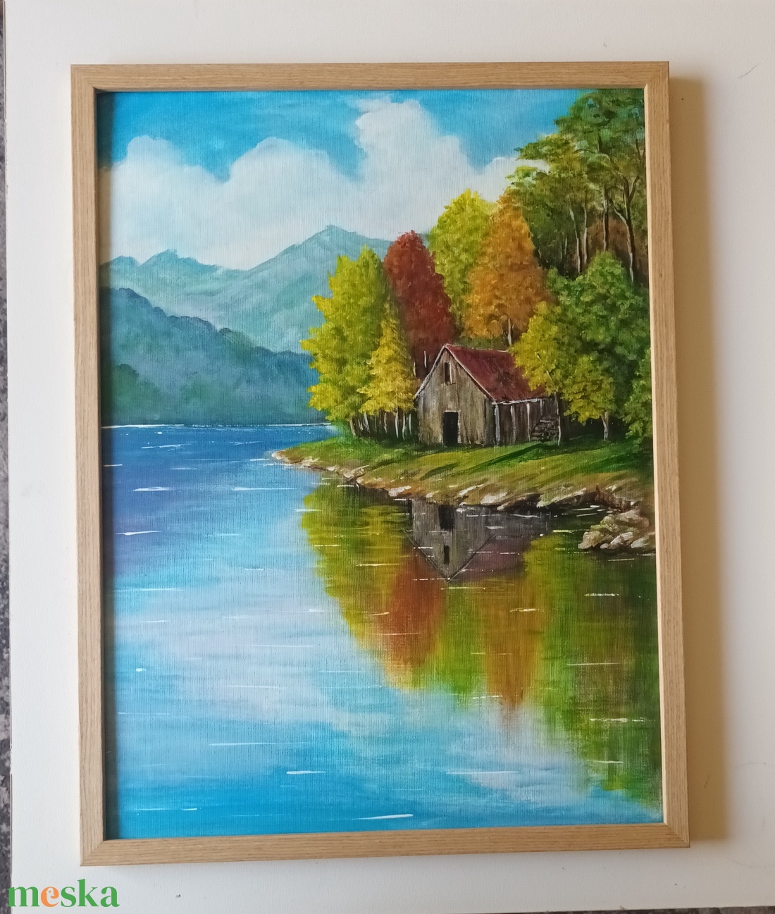 Kisház a tóparton - művészet - festmény - akril - Meska.hu