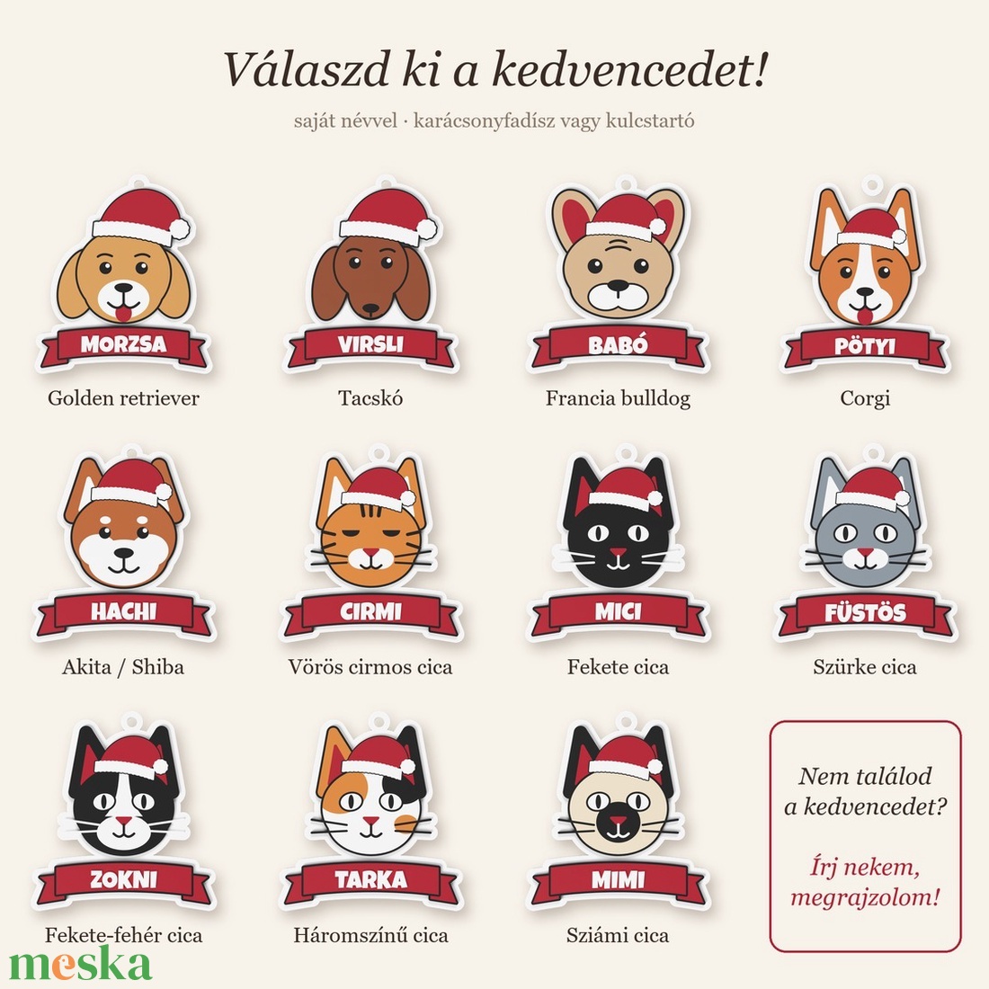 Egyedi Mikulássapkás háromszínű cica karácsonyfadísz, a cicád nevével a piros szalagon.  - karácsony - karácsonyi lakásdekoráció - karácsonyfadíszek - Meska.hu