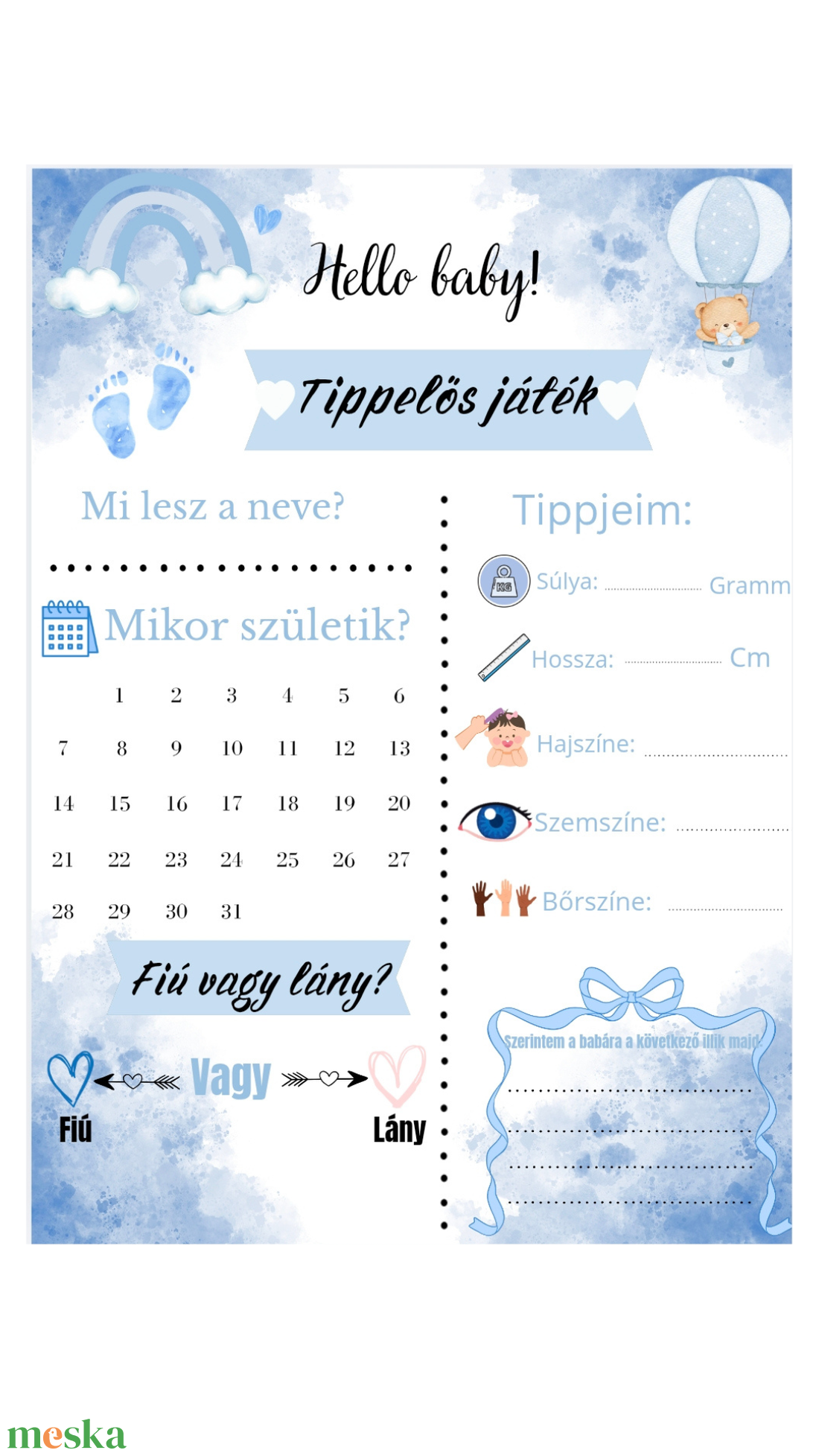 Hello Baby! Babaváró Tippelős Játék és Jókívánság Lap - baba - mama - babaemlékek - bababejelentők - Meska.hu