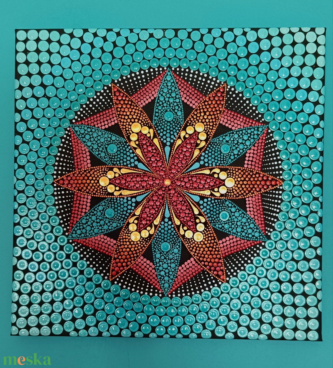 Türkiz virágtenger (metál színekkel) - pontozott mandala - otthon & életmód - dekoráció - spiritualitás - mandala - Meska.hu