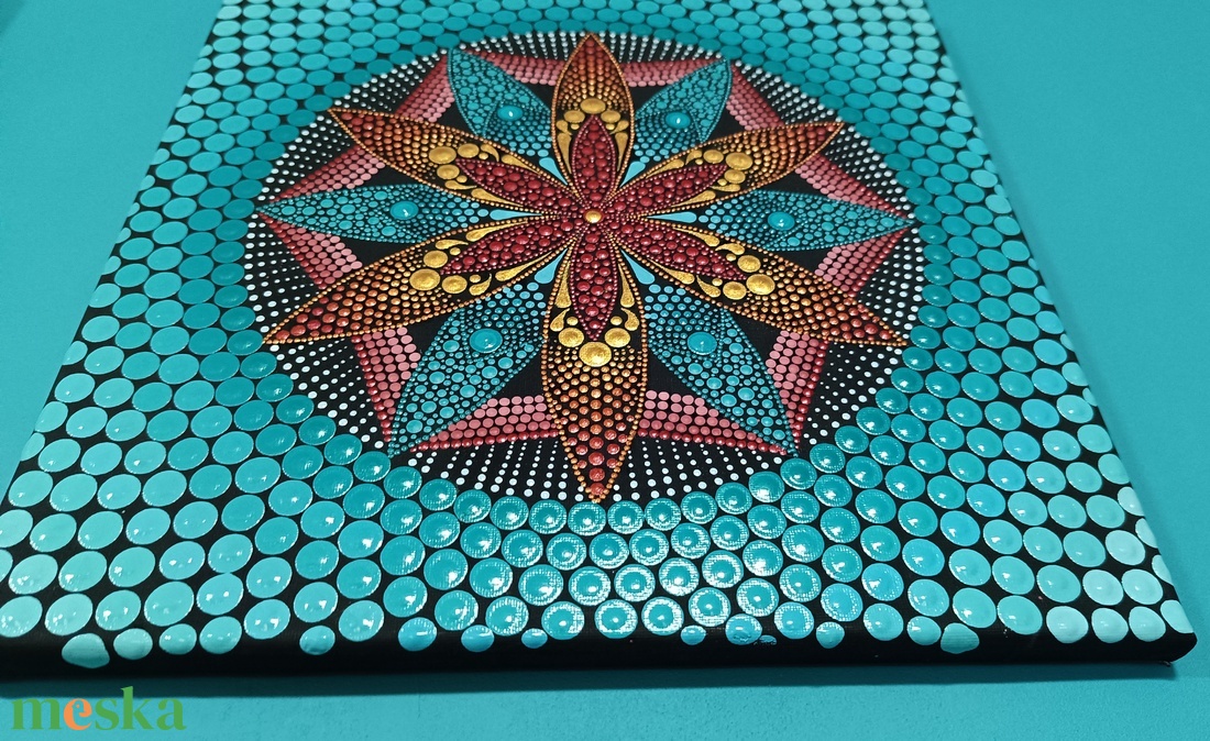 Türkiz virágtenger (metál színekkel) - pontozott mandala - otthon & életmód - dekoráció - spiritualitás - mandala - Meska.hu