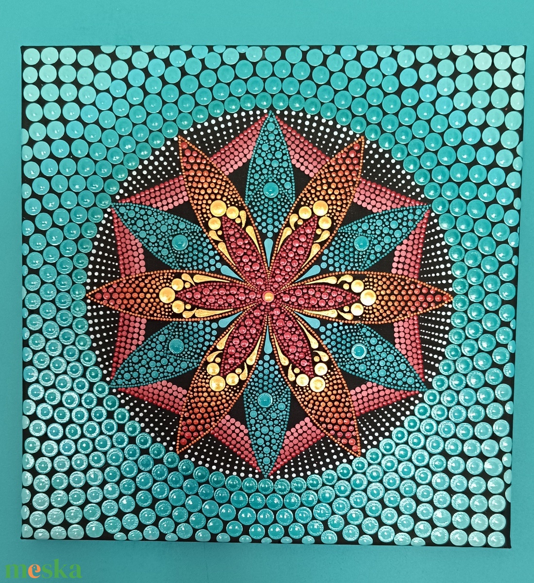 Türkiz virágtenger (metál színekkel) - pontozott mandala - otthon & életmód - dekoráció - spiritualitás - mandala - Meska.hu