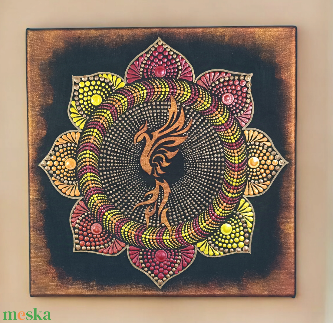 Főnixmadár pontozott mandala - tűz színekkel - otthon & életmód - dekoráció - spiritualitás - mandala - Meska.hu