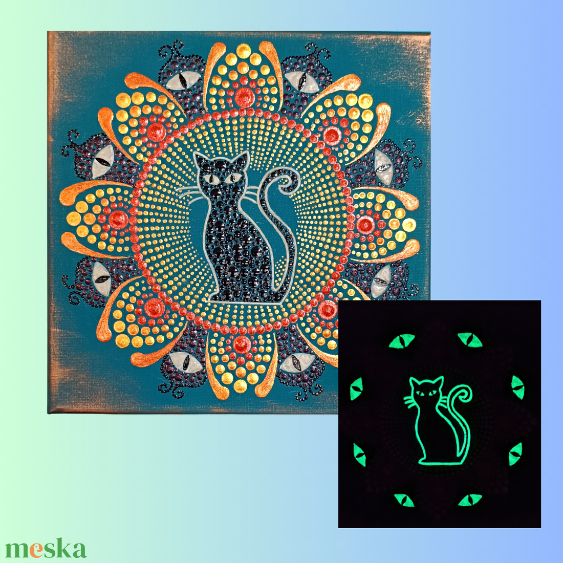 Macskaszem - foszforeszkáló cicás pontozott mandala - otthon & életmód - dekoráció - spiritualitás - mandala - Meska.hu
