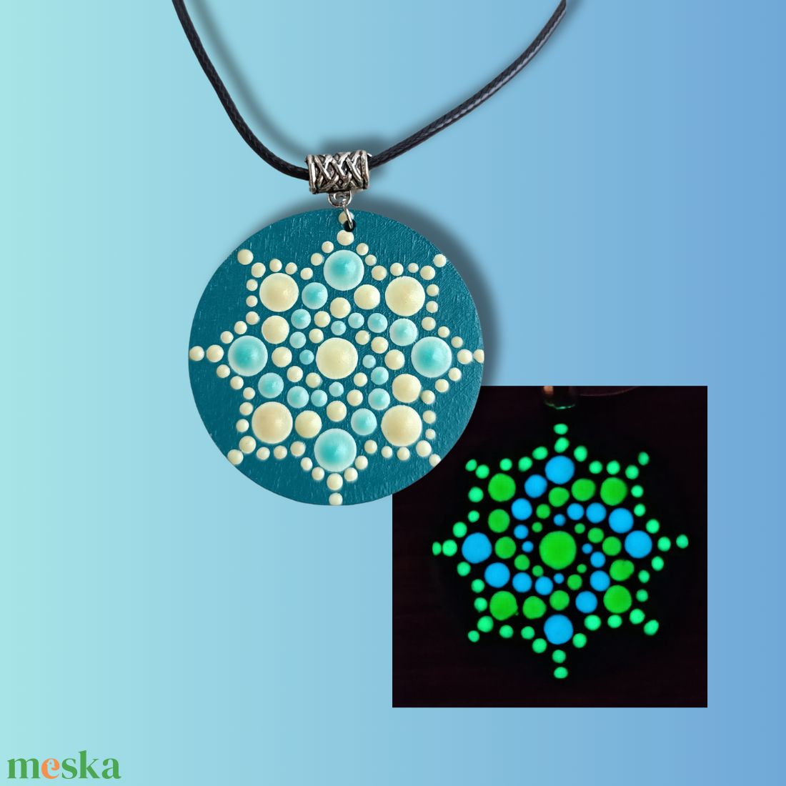 Foszforeszkáló mandalás nyaklánc - Pókháló, kék - ékszer - nyaklánc - medálos nyaklánc - Meska.hu