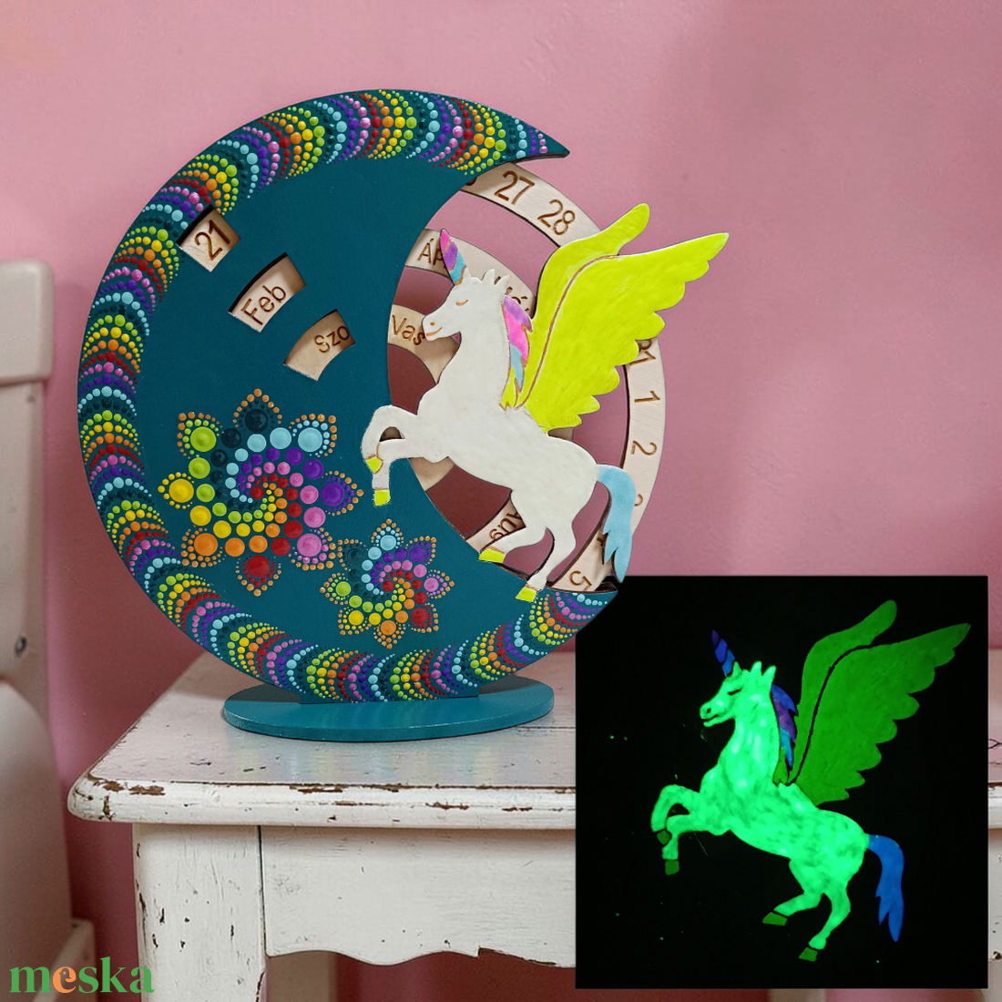 Foszforeszkáló szárnyas unikornis öröknaptár - otthon & életmód - dekoráció - fali és függő dekoráció - falinaptár & öröknaptár - Meska.hu