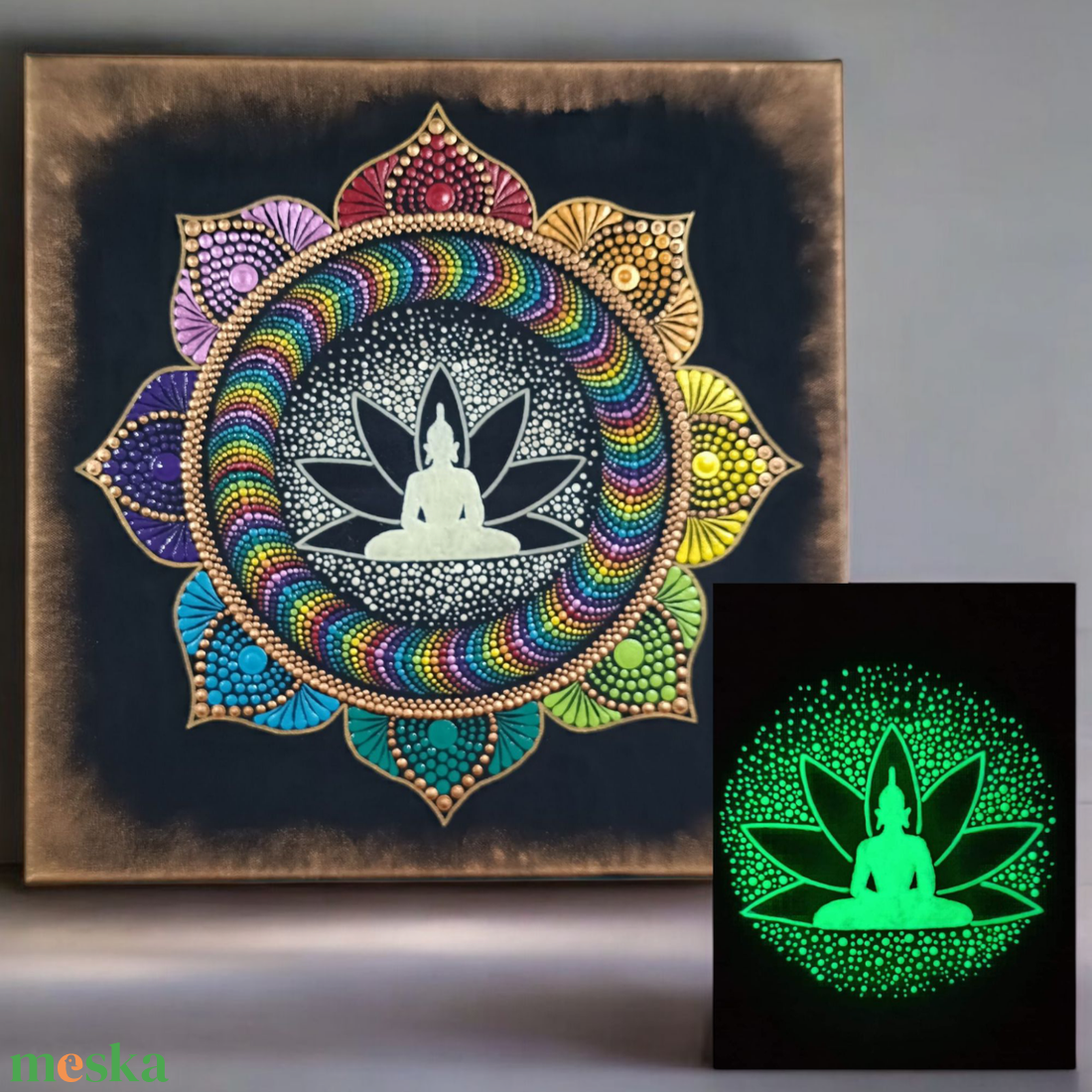 Sötétben világító (foszforeszkáló) Buddha festmény - 7 csakra színei, lótuszos - otthon & életmód - dekoráció - spiritualitás - mandala - Meska.hu