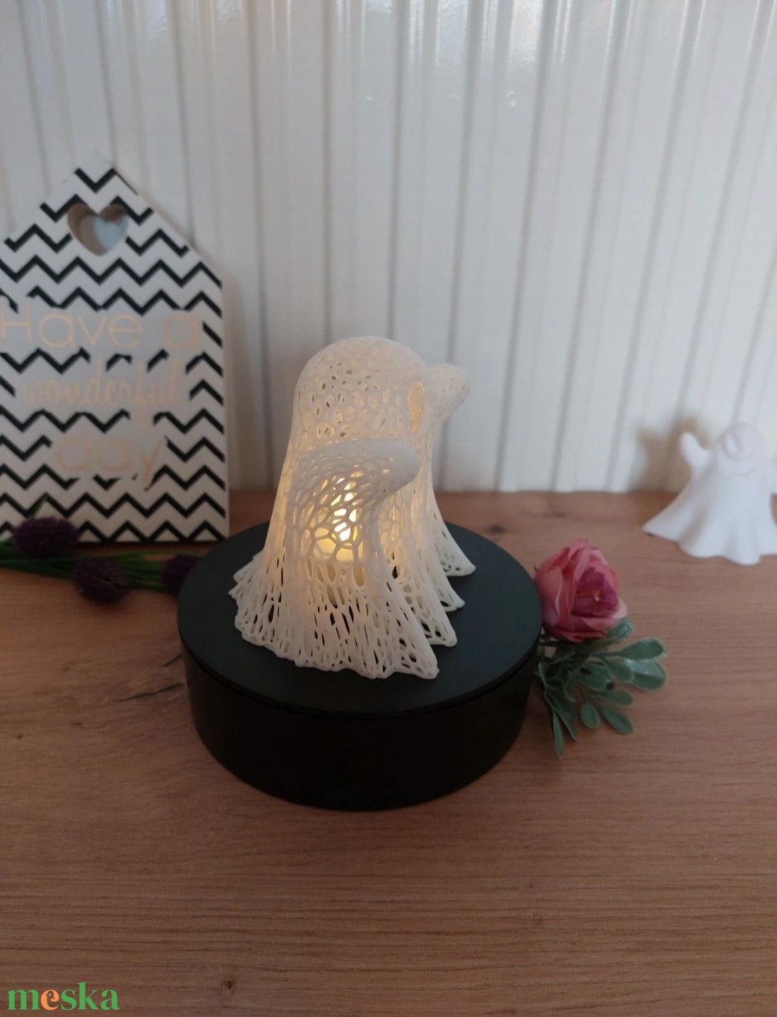 Voronart Little Ghost � háló mintás mécsestartó szellem, 3D nyomtatott + ajándék LED mécses  - otthon & életmód - gyertya, illat, aroma - mécses és mécsestartó - Meska.hu