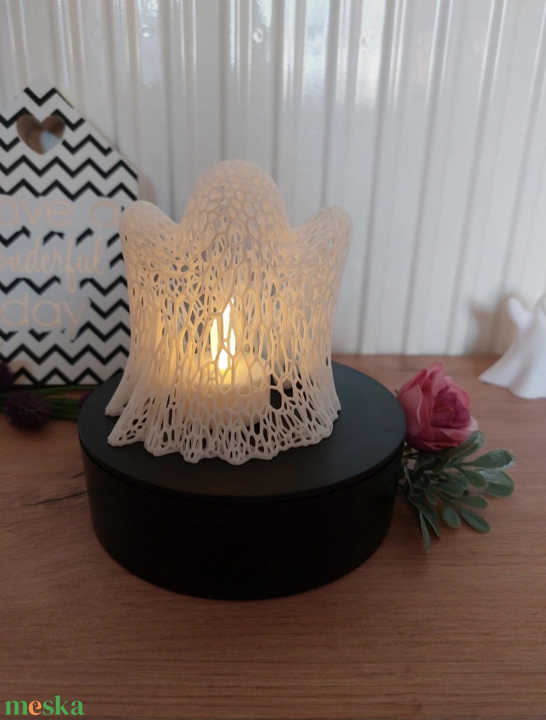 Voronart Little Ghost � háló mintás mécsestartó szellem, 3D nyomtatott + ajándék LED mécses  - otthon & életmód - gyertya, illat, aroma - mécses és mécsestartó - Meska.hu