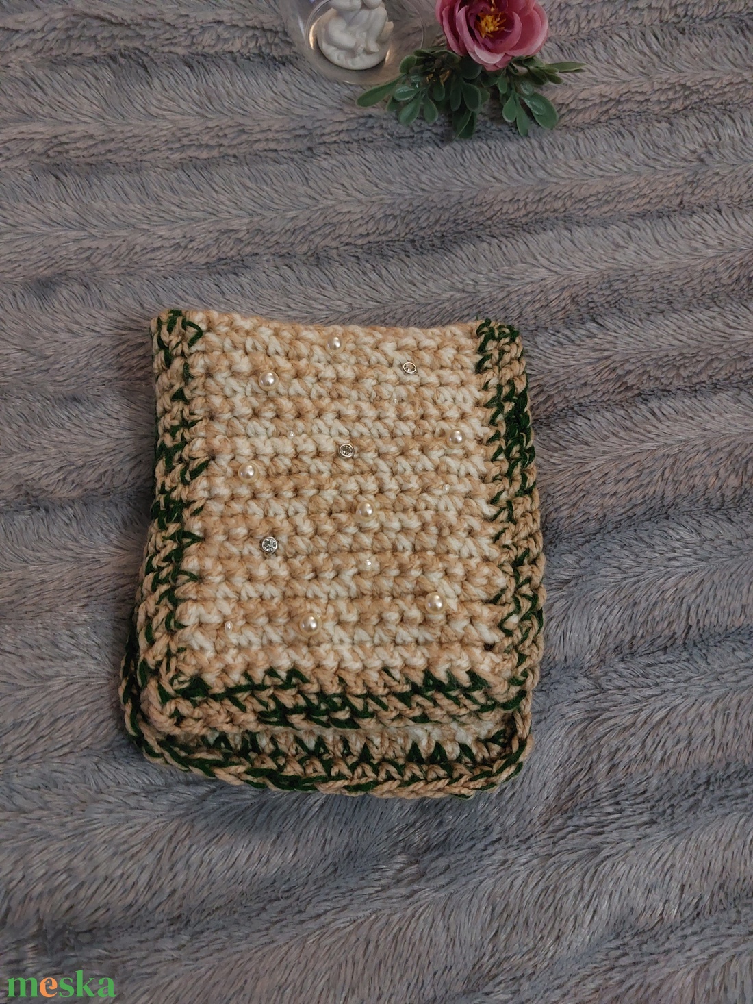 Horgolt gyöngyös - strasszos telefon tartó, toll tartó, mini kézi táska - táska & tok - variálható táska - Meska.hu