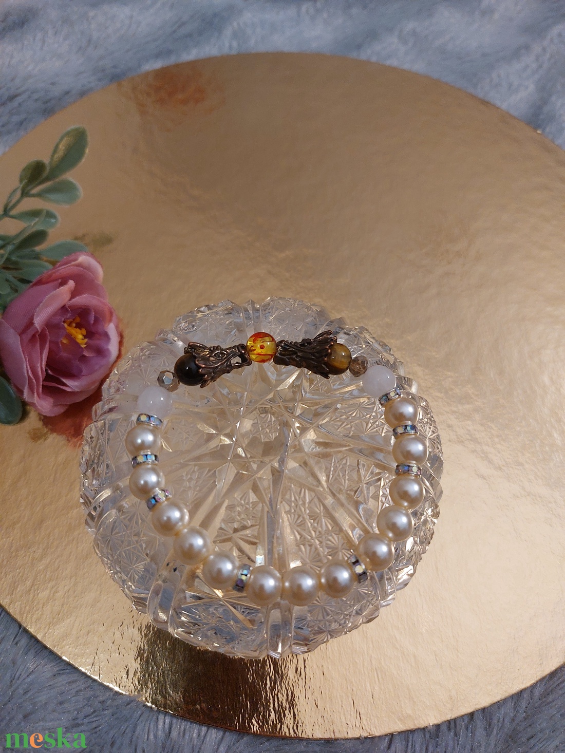 Sárkányos rózsakvarc és tigrisszem karkötő - rugalmas  - ékszer - karkötő - gyöngyös karkötő - Meska.hu