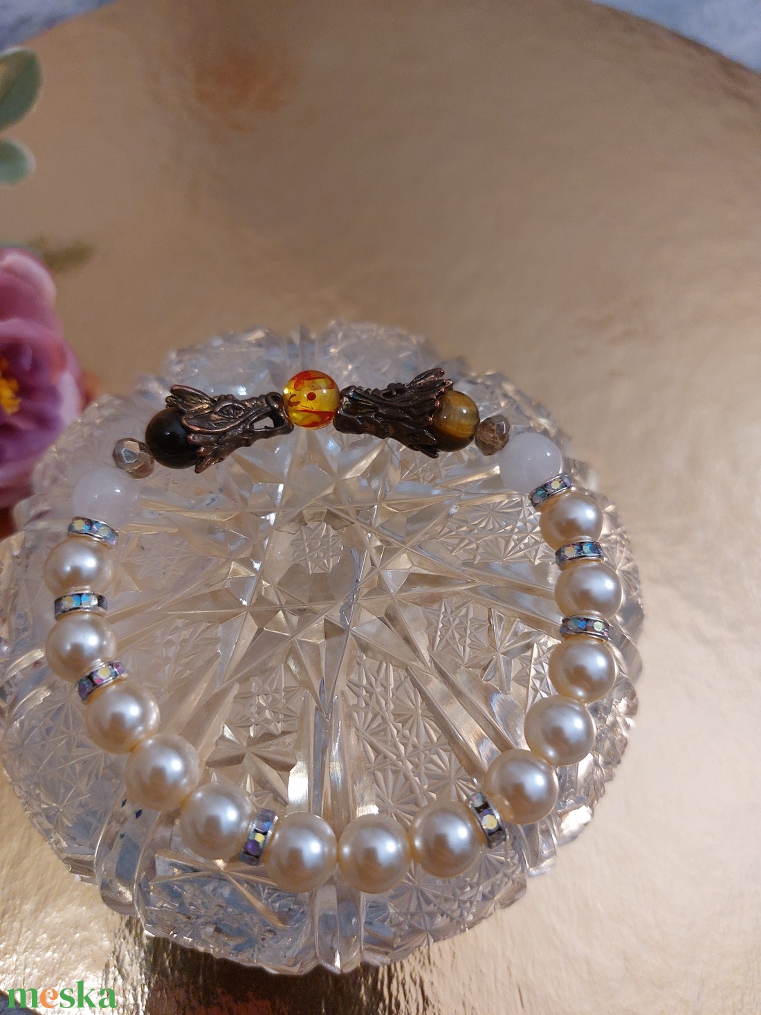 Sárkányos rózsakvarc és tigrisszem karkötő - rugalmas  - ékszer - karkötő - gyöngyös karkötő - Meska.hu