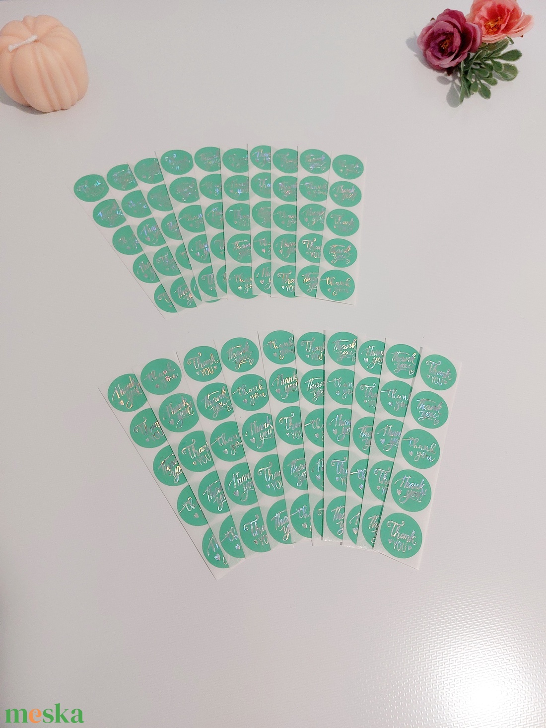 Thank you, Köszönöm színjátszó- mentazöld holografikus matrica csomag, 50 db-os  - kellékek & szerszámok - dekorációs kellékek - matricaív - Meska.hu