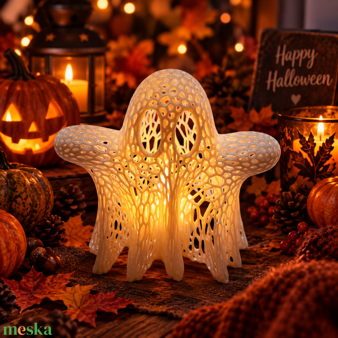 Voronart Little Ghost � háló mintás szellem mécses- és gyertyatartó  - otthon & életmód - gyertya, illat, aroma - mécses és mécsestartó - Meska.hu