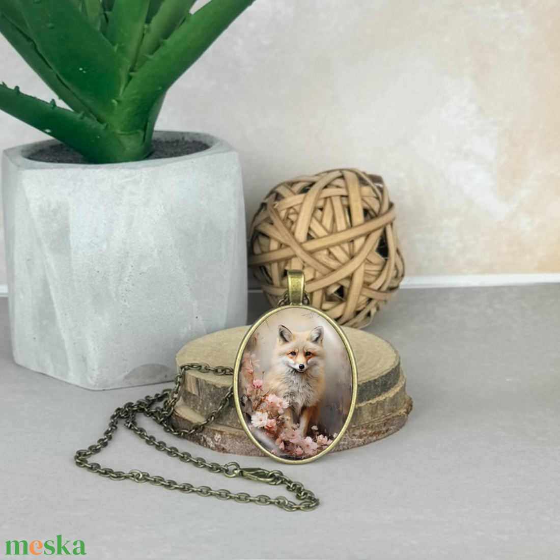 Üveglencsés medál, lánccal-róka - ékszer - nyaklánc - medálos nyaklánc - Meska.hu