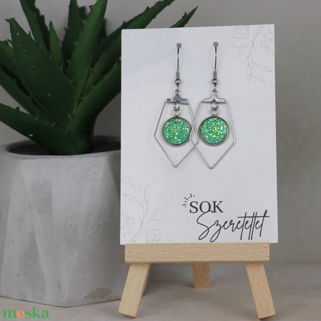 Nemesacél Druzy fülbevaló-Zöld - ékszer - fülbevaló - lógó fülbevaló - Meska.hu