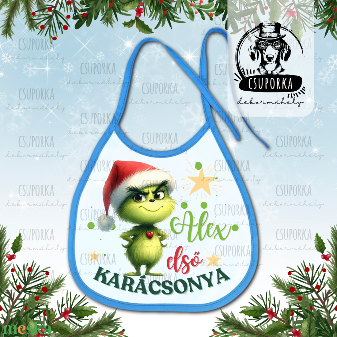 Névre szóló előke - Első karácsonyom felirattal, Grincs/Grinch grafikával, fiúknak - ruha & divat - babaruha & gyerekruha - előke & nyálkendő - Meska.hu