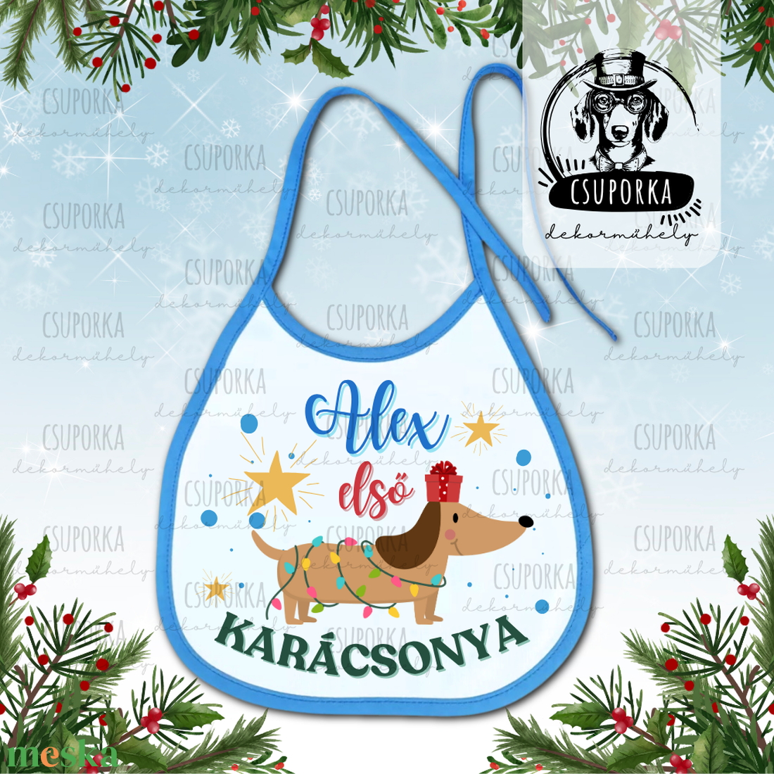 Névre szóló előke - Első karácsonyom felirattal, tacsis grafikával, fiúknak - ruha & divat - babaruha & gyerekruha - előke & nyálkendő - Meska.hu