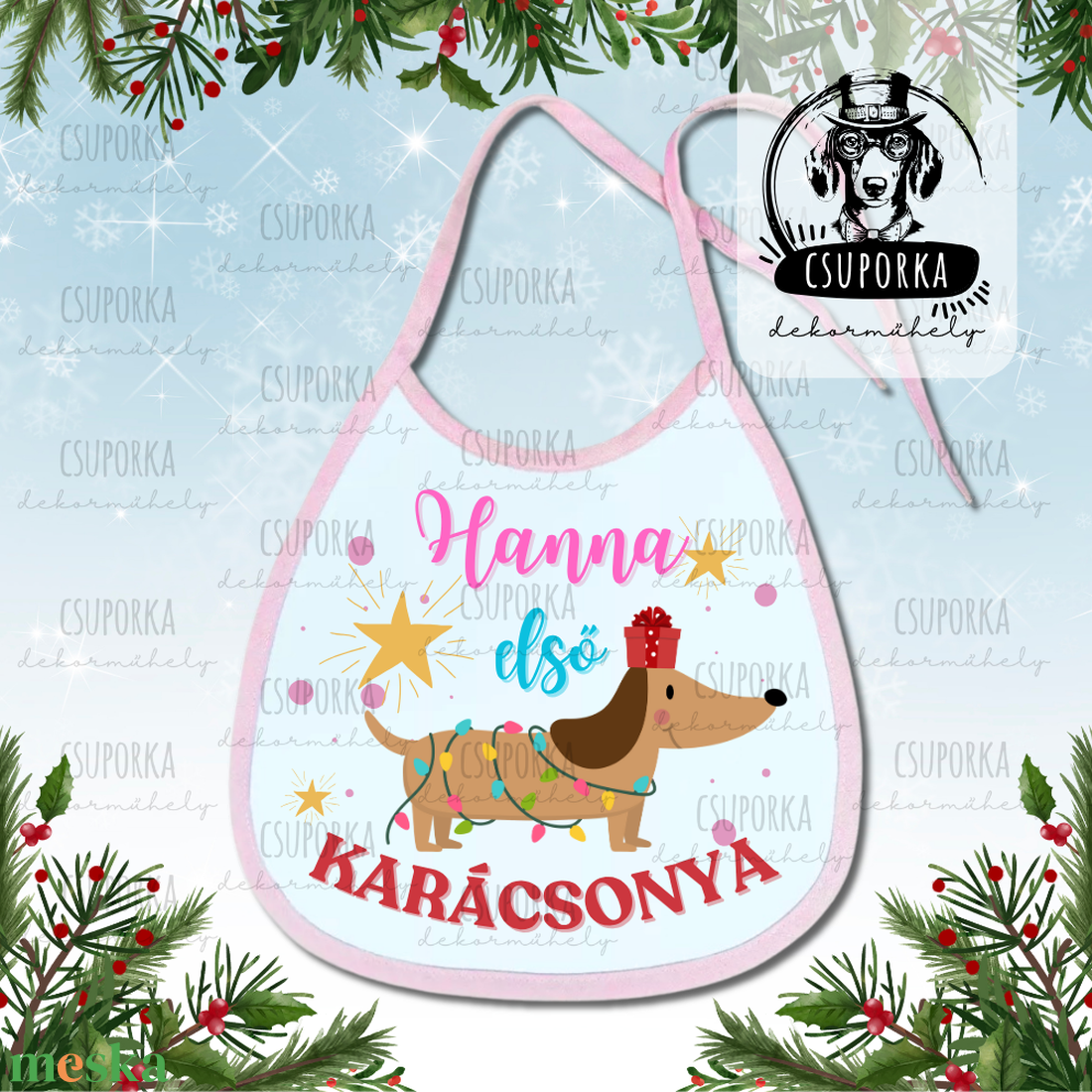 Névre szóló előke - Első karácsonyom felirattal, tacsis grafikával, lányoknak - baba - mama - szoptatási, etetési kellékek - partedli, előke - Meska.hu