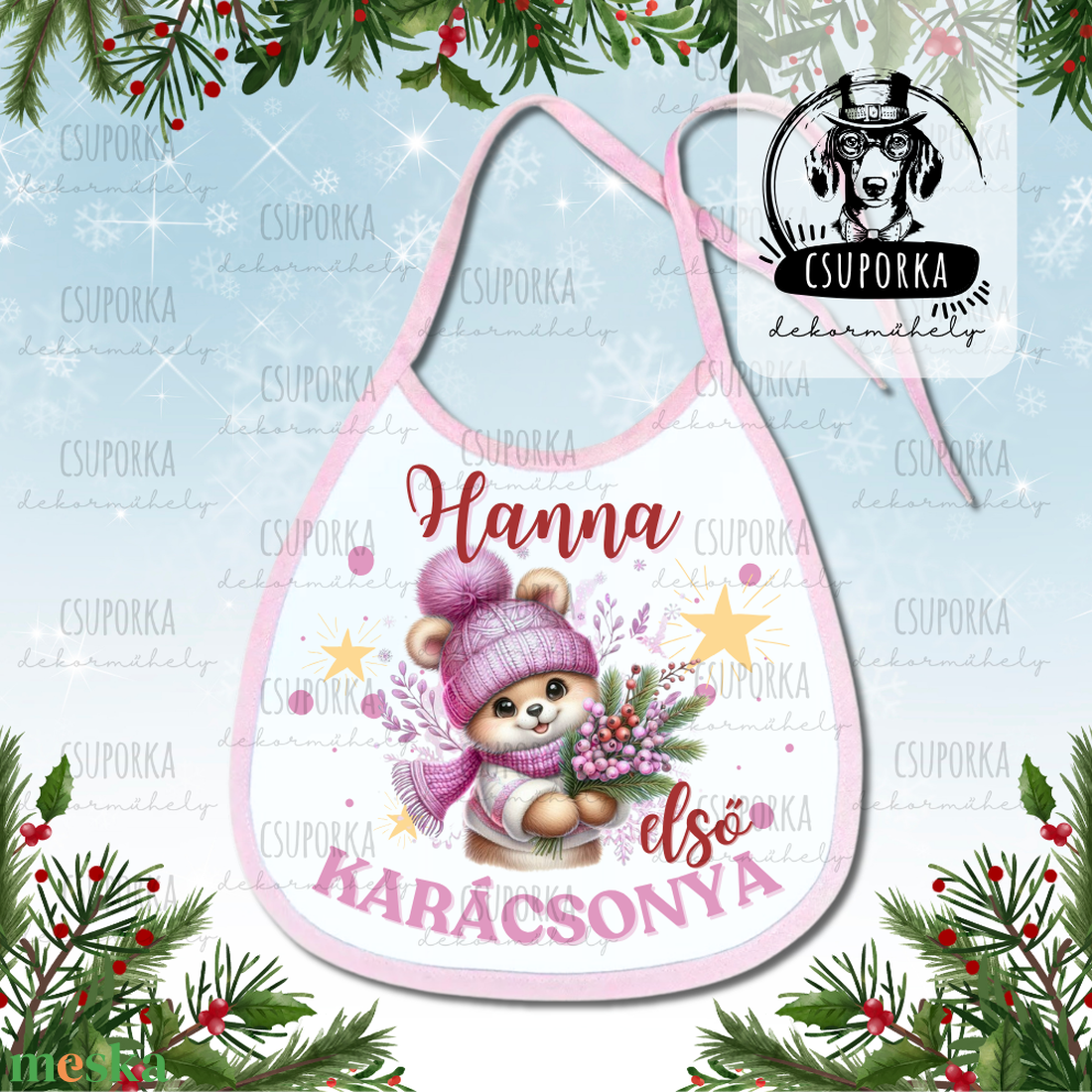 Névre szóló előke - Első karácsonyom felirattal, macis grafikával, lányoknak - ruha & divat - babaruha & gyerekruha - előke & nyálkendő - Meska.hu