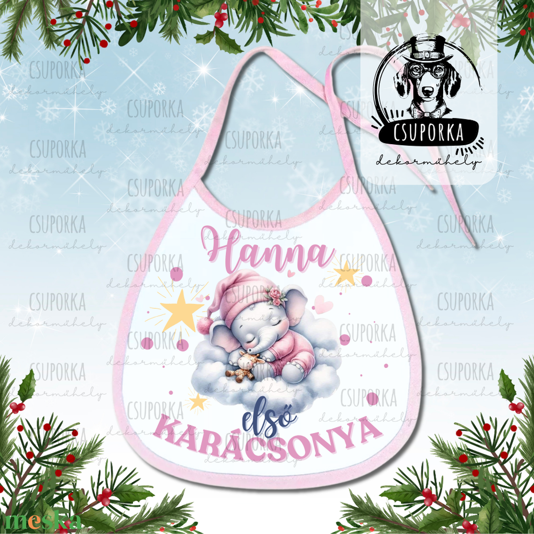 Névre szóló előke - Első karácsonyom felirattal, elefántos grafikával, lányoknak - ruha & divat - babaruha & gyerekruha - előke & nyálkendő - Meska.hu