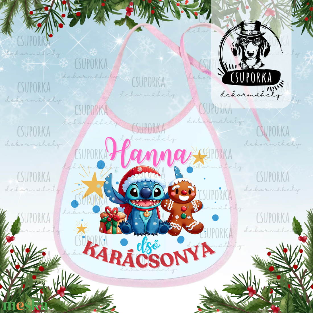 Névre szóló előke - Első karácsonyom felirattal, Stitch grafikával, lányoknak - ruha & divat - babaruha & gyerekruha - előke & nyálkendő - Meska.hu