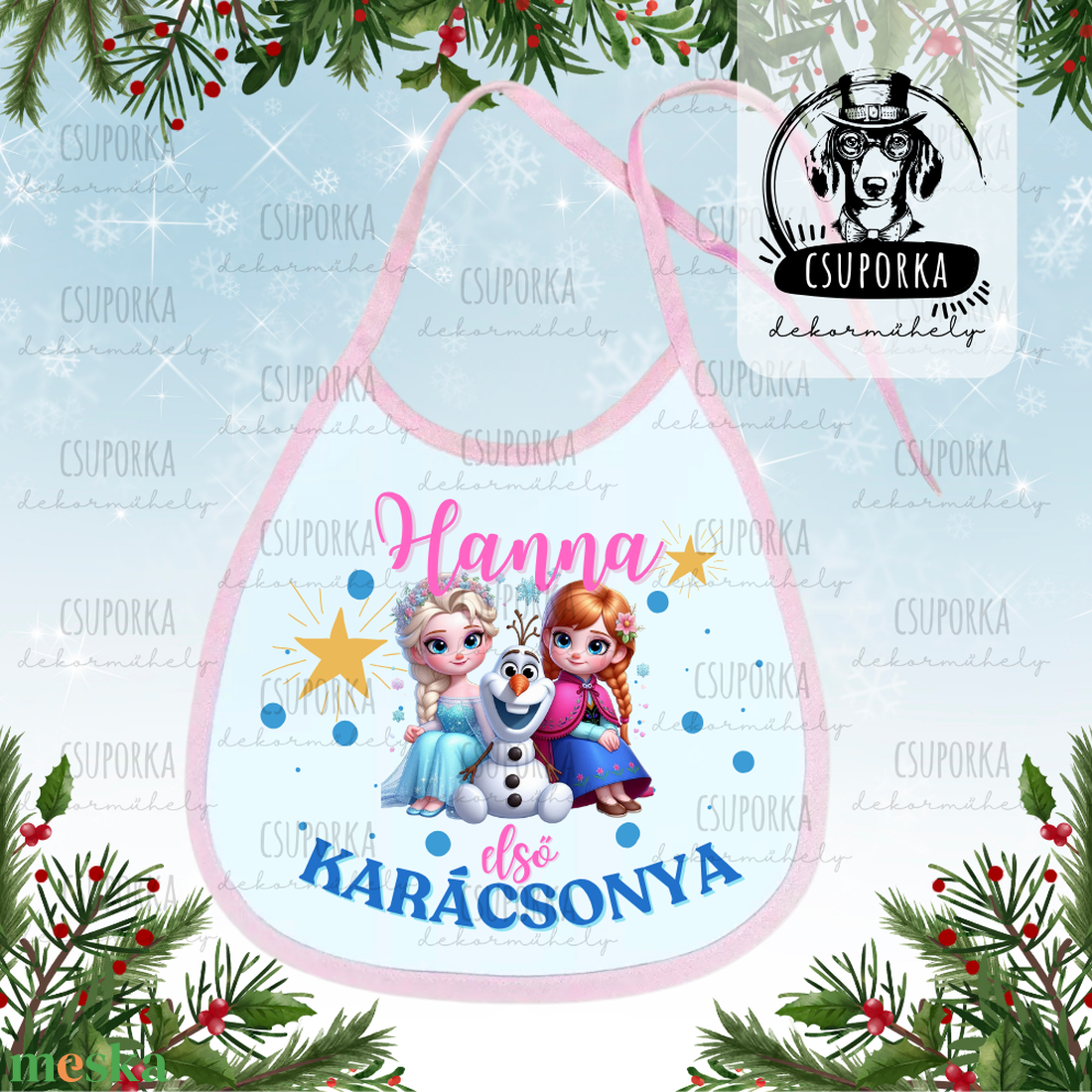Névre szóló előke - Első karácsonyom felirattal, Jégvarázs grafikával, lányoknak - ruha & divat - babaruha & gyerekruha - előke & nyálkendő - Meska.hu