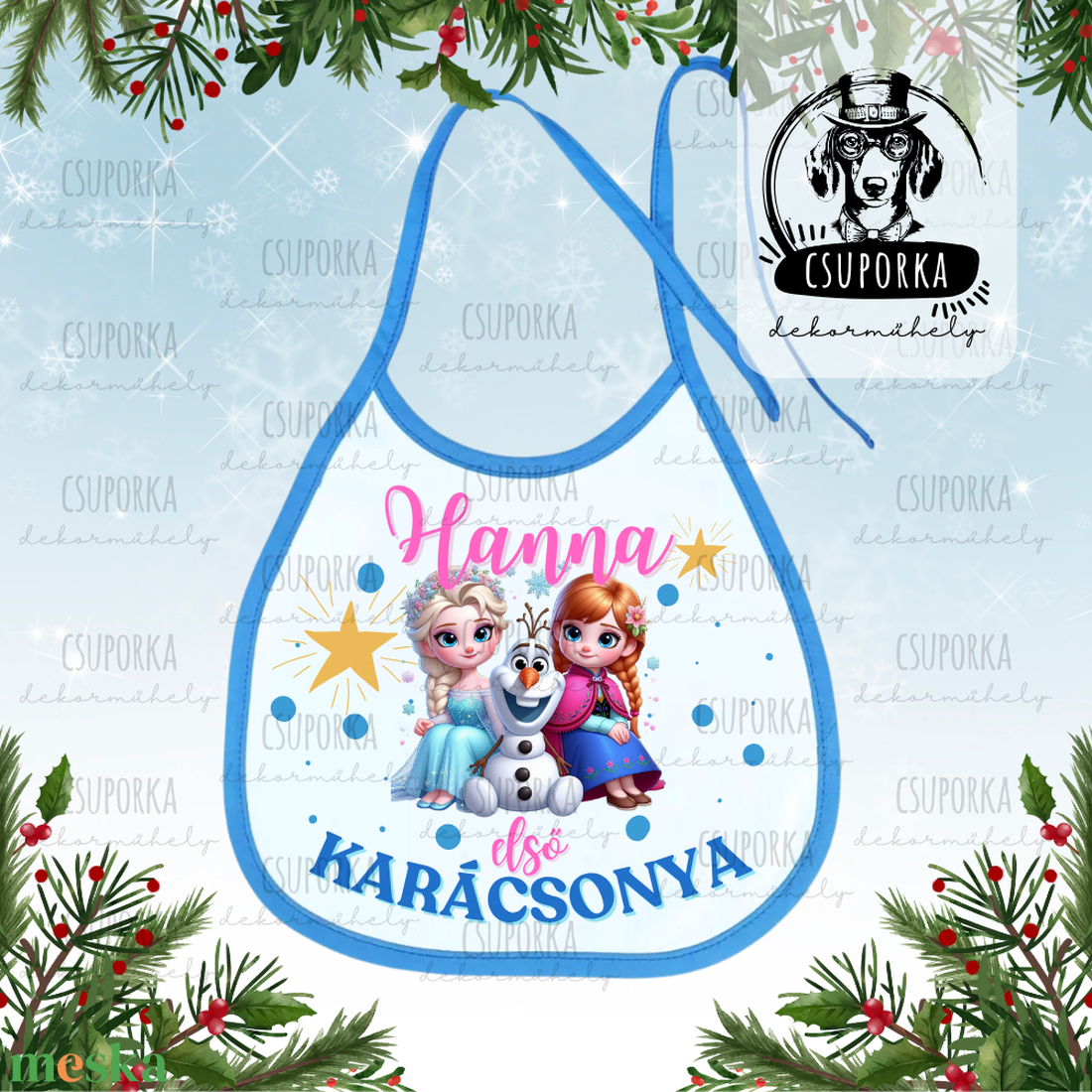 Névre szóló előke - Első karácsonyom felirattal, Jégvarázs grafikával, lányoknak - ruha & divat - babaruha & gyerekruha - előke & nyálkendő - Meska.hu