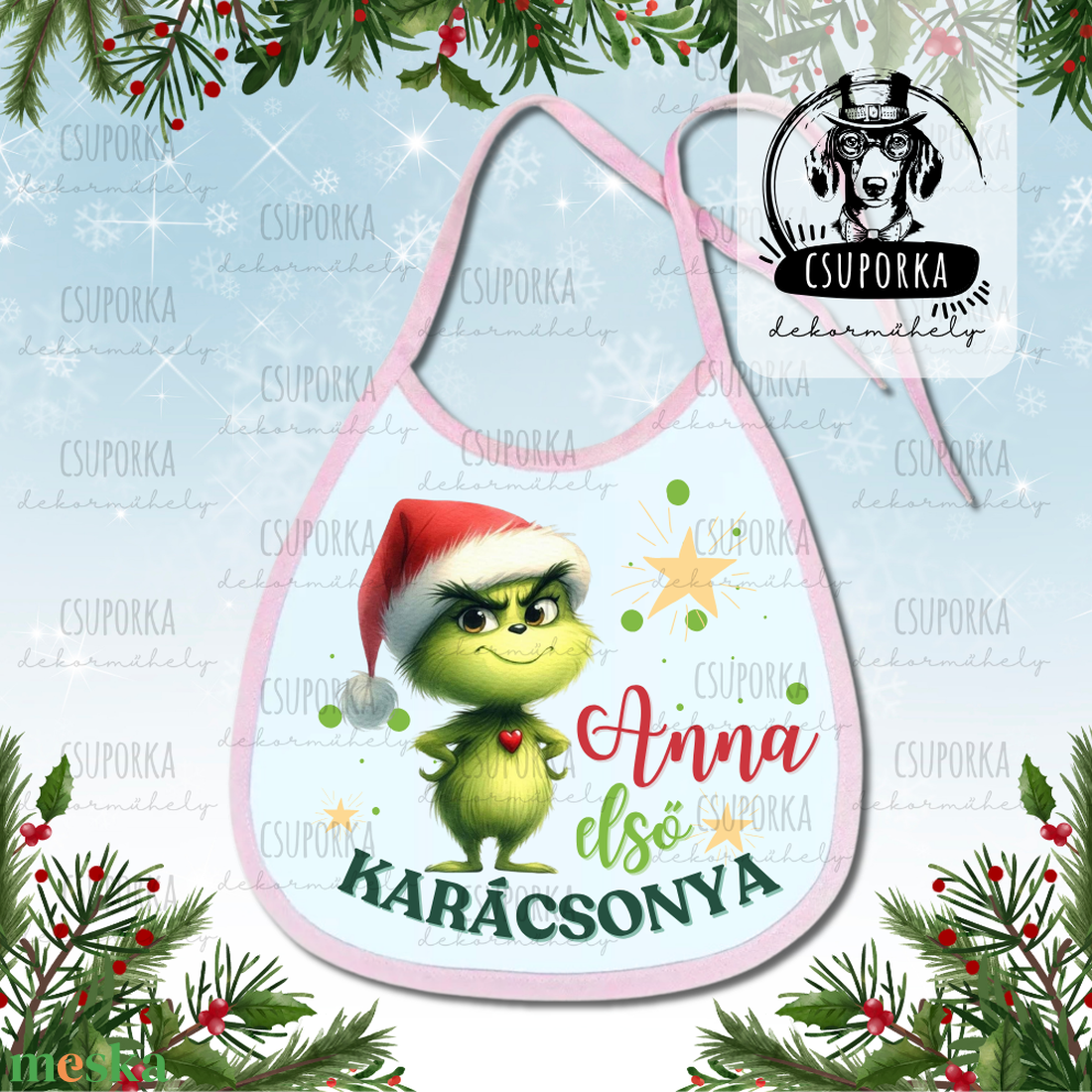 Névre szóló előke - Első karácsonyom felirattal, Grincs/Grinch grafikával, lányoknak - ruha & divat - babaruha & gyerekruha - előke & nyálkendő - Meska.hu