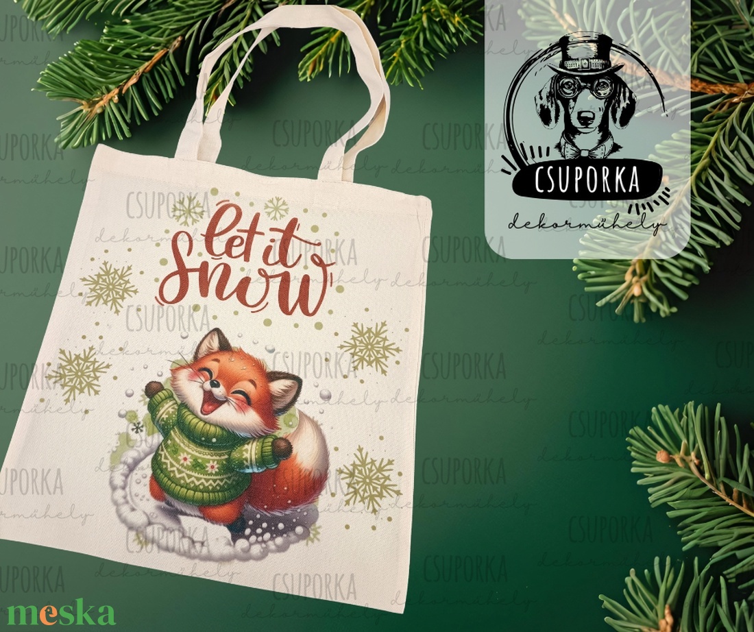 Téli rókás vászontáska � hópelyhekkel játszó rókával, rókakedvelőknek,  rókás ajandék róka kedvelőknek - táska & tok - bevásárlás & shopper táska - shopper, textiltáska, szatyor - Meska.hu
