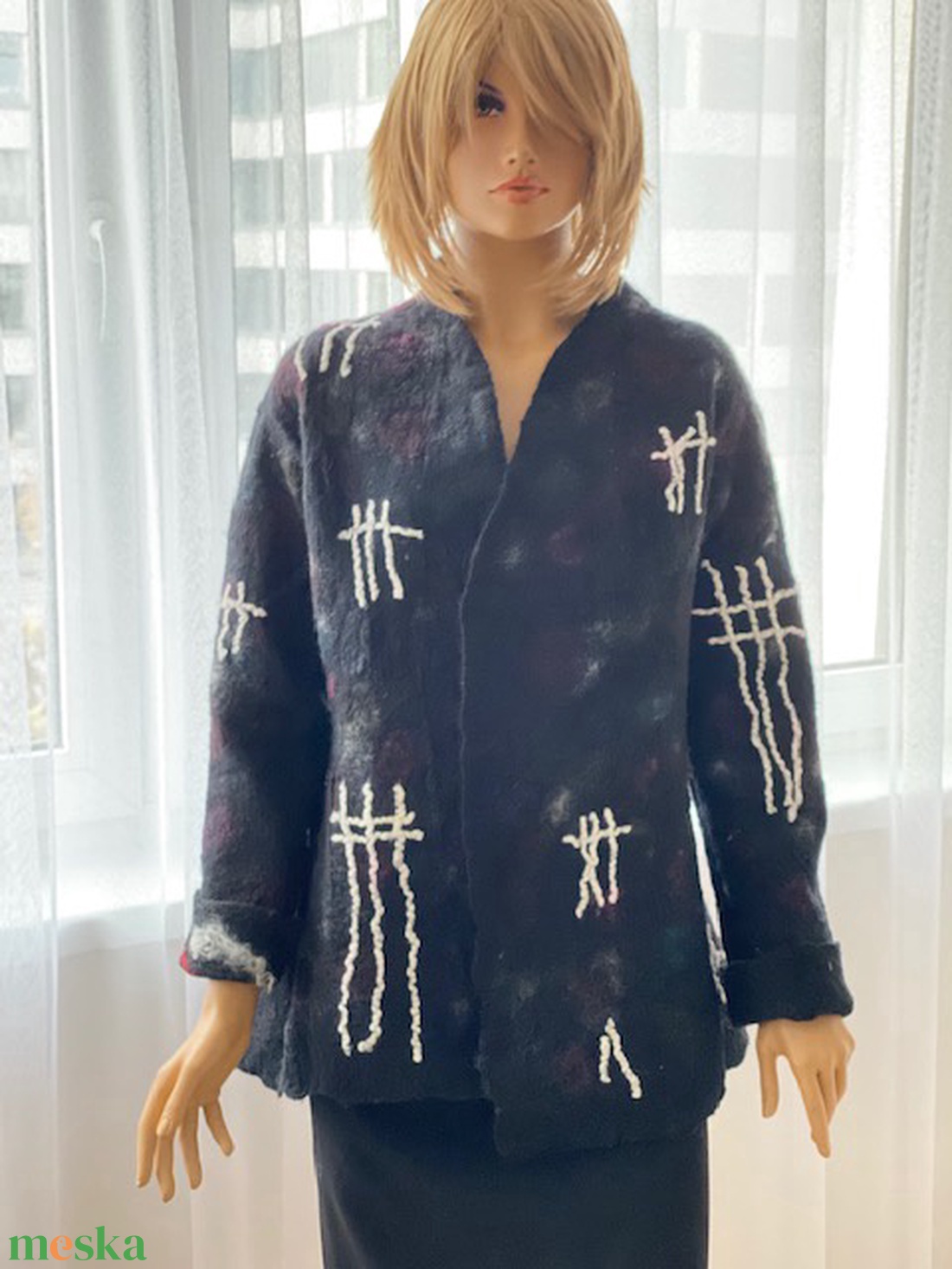  Kettő az egyben Fregoli Fekete mintas nemezelt gyapjú kabat mindket oldalán mas mintaval. 40-42 méret  - ruha & divat - női ruha - blézer & kosztüm - Meska.hu