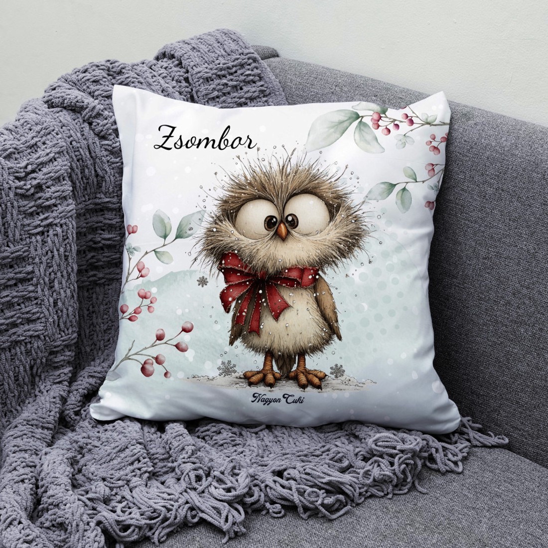 Névvel kérhető - Cuki téli bagoly masnival mintás párna - otthon & életmód - lakástextil - párna & párnahuzat - díszpárna (belsővel együtt) - Meska.hu