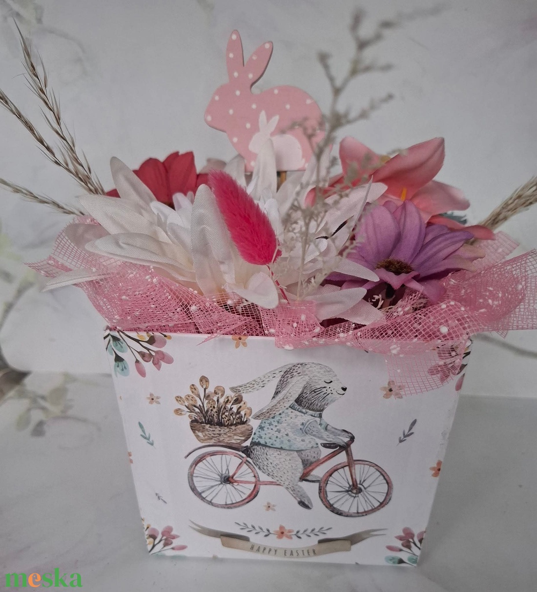 Bicikliző nyuszikás húsvéti virágbox - otthon & életmód - dekoráció - húsvéti asztaldíszek - Meska.hu