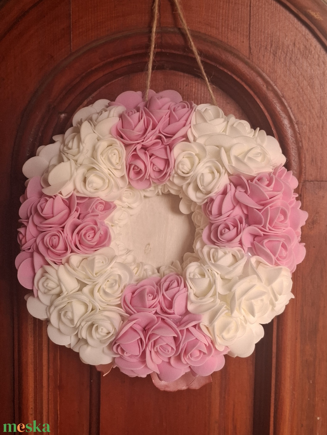 ��Cuki rózsaszínű-fehér nyuszis tavaszi kopogtató�� - otthon & életmód - virágdekoráció - virágdíszek - dekor koszorúk, kopogtatók - Meska.hu