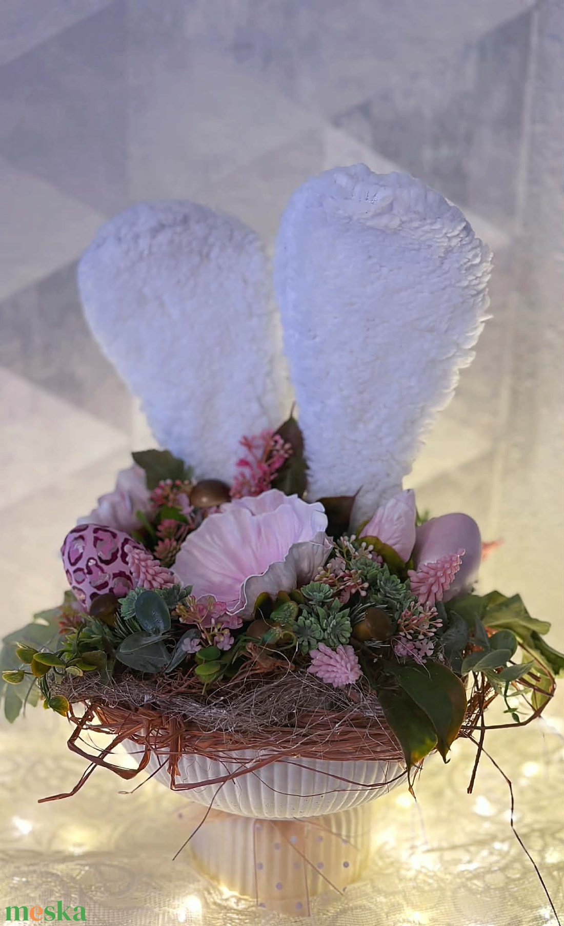 Fehér plüssös nyuszi füles tál - ünnepi díszek, dekorációk - húsvéti díszek és dekorációk - húsvéti asztaldíszek - Meska.hu