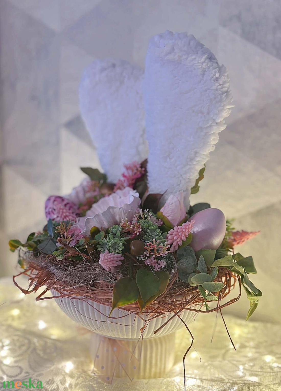 Fehér plüssös nyuszi füles tál - ünnepi díszek, dekorációk - húsvéti díszek és dekorációk - húsvéti asztaldíszek - Meska.hu