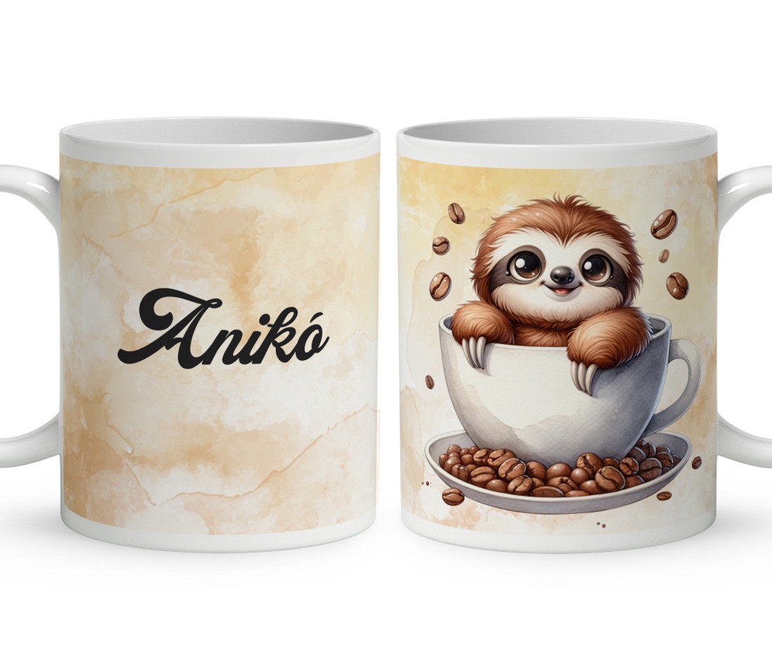 Névvel kérhető - Mosolygós Kávés lajhár mintás bögre - otthon & életmód - konyhafelszerelés, tálalás - tálalás - bögre & csésze - Meska.hu