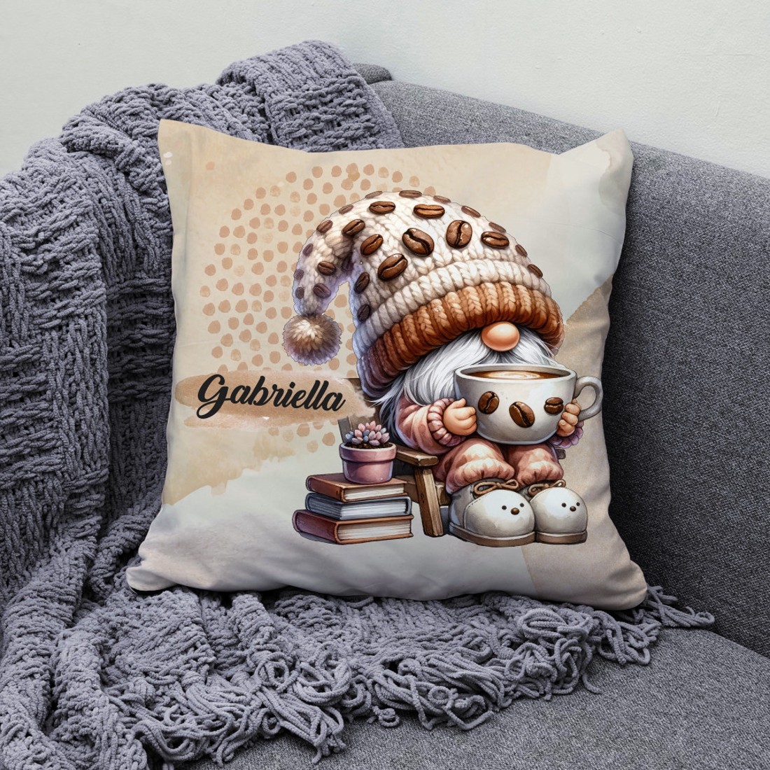 Névvel kérhető - Cuki kávés manó könyvvel mintás párna - otthon & életmód - lakástextil - párna & párnahuzat - díszpárna (belsővel együtt) - Meska.hu